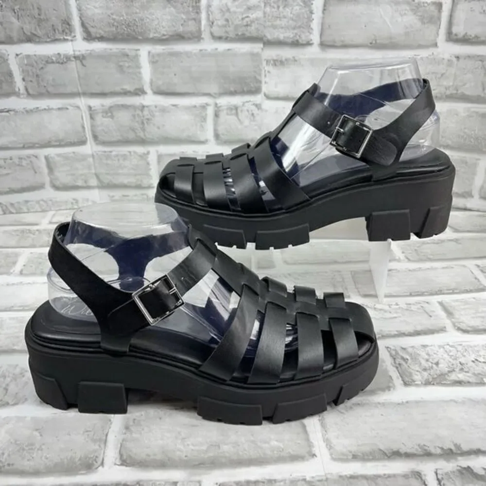 Wild Pair Women’s 10 Heraa Adjustable Black Fisherman Platform Lug Sole Sandals